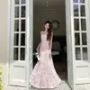 Vestido Romántico de Verano para Mujer Estilo Francés Dopamina Playa, Malla Patchwork Jacquard Ceñidor de Cintura Adelgazante con Tirantes Finos