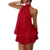 Ropa de Mujer Transfronteriza Europea y Americana de Vacaciones Adelgazante Sexy Espalda Descubierta Cuello Halter Corbata en la Cintura Top Falda Corta Esponjosa Vestido