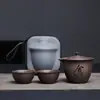 Punto de Venta al por Mayor Portátil Juego de Té de Viaje de Arcilla Púrpura Una Tetera Tres Tazas Equipo Portátil para Preparar Té al Aire Libre