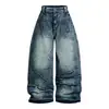 Jeans Americano High Street com Textura de Relâmpago, Desfiados, para Homens e Mulheres, Lavados, Desgastados, Casuais, Largos, Corte de Tesoura, Perna Larga, Calças Longas