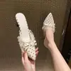 Elegantes pantuflas de punta fina, encaje de lunares, con lazo, nuevo estilo de verano, chic francés, mules de tacón alto finos