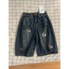 Shorts Jeans Cropped Azul Drapeado Americano Retrô Plus Size para Mulheres Verão Novo High Street Bordado Calças de Perna Larga