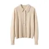 Novo cardigã de tricô 100% caxemira pura para outono e inverno, cor sólida da moda, gola polo, quente, de manga comprida, abotoamento simples, para mulheres