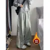 Jeans de Mezclilla Desgastada Estilo Americano con Tres Rayas, Forro Delgado de Felpa, para Otoño e Invierno, Unisex, Holgados, Versátiles, Pierna Ancha, de Largo hasta el Suelo