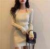 Vestido de punto de manga larga con cuello cuadrado estilo retro de Hong Kong para otoño e invierno, falda hasta la cadera, falda larga para mujer, venta al por mayor