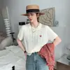 Camiseta de Punto Bordada con Corazón para Mujer, Estilo Coreano de Verano, Diseño Bordado, Manga Corta, Tejido de Punto Trenzado, Top Corto