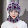 Sombrero femenino de otoño e invierno cálido que combina con todo, gorro de piel de conejo Rex, gorro de piel para madres de mediana edad y mayores, orejeras, bufanda, traje