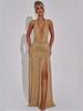 Elegante Vestido Brillante de Seda con Cuello en V y Pliegues para Mujer Verano 2025 Nuevo Sexy Sin Espalda con Abertura Vestido Ajustado