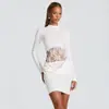 Ropa de Mujer Europea y Americana de Exportación Estilo Y2K Otoño e Invierno Nuevo Estilo Cuello Semi Alto Color Sólido Encaje Revela Cintura Patchwork Vestido de Cadera Ceñido con Caída