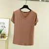 Top de mujer con cuello en V, camiseta básica, talla grande, nueva camiseta de manga corta de verano, adelgazante, color liso, modal, estilo coreano, corte holgado