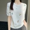 2024 Primavera y Verano Nuevo Dulce Reductor de Edad Bordado para Mujer Cuello Redondo Tejido de Seda de Hielo Camiseta de Manga Corta Top de Media Manga Camiseta Base
