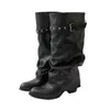 5cm~Aumentador de altura pierna ancha plisados apilados pantalones de bota botas de pierna mujer punta del pie suela gruesa hebilla de cinturón negra remache botas largas mujer