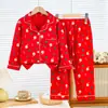 Roupas de Outono para o Ano Novo e Calças Compridas Terno de Algodão Puro Pijama Infantil Cardigan Ano do Zodíaco Vermelho Médio e Grande Roupa Íntima de Outono e Inverno Infantil