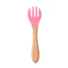 Directamente del fabricante: cucharas y tenedores suaves de silicona de grado alimenticio, utensilios para alimentos complementarios para niños, juego de entrenamiento de cuchara y tenedor con mangos de madera