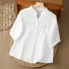 Gasa de doble capa verano madre 2026 camisa artística estilo nuevo cárdigan top de manga corta holgado de manga media estilo chino petite