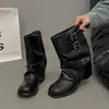 Pantalones Holgados con Volantes Botas Mujer 2026 Primavera/Otoño Nuevos Botines Negros de Tacón Grueso para Usar con Faldas Botas de Motociclista Martin