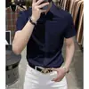 Camisa de alta qualidade sem ferro, manga curta para homens, moda formal de negócios, caimento de seda gelada, camisa preta com botões ocultos sem costura
