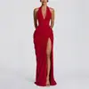 Elegante vestido de color liso para mujer, nueva colección de otoño, estilo transfronterizo europeo y americano, sexy vestido largo de cuello halter con abertura