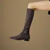 Botas de Bico Fino para Mulheres, Botas Slim Não Acima do Joelho, Novas Botas Outono e Inverno 2025, Botas de Salto Baixo, Botas Elásticas Baixas
