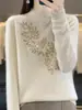 Suéter Meia-Gola Outono e Inverno para Mulheres com Pedrarias de Folhas, Camisa Base Tricotada, Top Versátil da Moda com Gola Redonda A8203