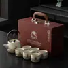 Conjunto de Chaleira Ru Kiln com Alça, Uma Chaleira e Seis Xícaras em Caixa de Presente, Novo Estilo Chinês, para Casa, Escritório, Recepção de Convidados, Lembrança, Conjunto de Presente Empresarial