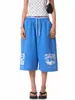 Calça Cropped Wide-Leg com Estampa de Letras Estilo Retro Americano Transfronteiriça para Homens e Mulheres, Shorts Soltos de Cintura Elástica de Verão