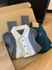 Cardigã de malha cinza falso de duas peças com gola de camisa, top feminino de design estilo coreano para o outono
