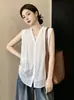 Camisa de Verano Cómoda Transpirable Adelgazante de Color Sólido Estilo Coreano Talla Plus con un Elegante Top sin Mangas de Cuello en V y un Cárdigan Delgado