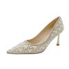 Salto Alto com Pedraria Pérola Francesa 2024 Novo Principal Vestido de Casamento Sapatos de Noiva Temperamento Bico Fino Salto Fino Sapatos de Salto