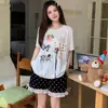 Pijama de Verão com Manga Curta, Shorts de Renda com Bolinhas para Mulheres, Doce e Fofo, Estilo Coreano, Menina, Fino, Casual, Conjunto para Usar em Casa