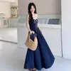 Vestido longo azul marinho estilo Hepburn que valoriza a silhueta, com barra ampla e alças, novo estilo de vestido de verão para mulheres