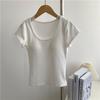Camiseta de Manga Corta con Cuello Redondo Estilo Americano con Almohadilla en el Pecho para Mujer Verano Ajustada Adelgazante Spice Girls Elástica Color Sólido Top Corto Nuevo Estilo