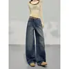 Jeans Scimitar Retro Americano para Mulheres, Tendência Outono e Inverno Versátil Novo Estilo Design Solto Calças de Pernas Largas