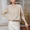 Camisa Blanca de Manga Tres Cuartos con Diseño de Pliegues, Cuello Redondo y Cuello Alto, Estilo Coreano Perezoso Casual, Nueva para Verano 2025, para Mujer