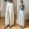 Pantalones Casuales de Algodón Tencel para Mujer, Otoño 2026, Cintura Alta, Diseño Adelgazante, Cintura Alta, Holgados, Pierna Ancha, Rectos, Nueve Puntos
