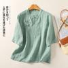 Foto Real de Camisa Retro de Algodón Ramio Fino de Verano 2025 para Mujer, Top Bordado Holgado, Camisa de Algodón y Lino Estilo Chino Nuevo