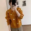 Suéter jacquard com padrão de coração estilo coreano para mulheres, jaqueta cardigã de outono com zíper duplo e gola redonda, modelagem solta