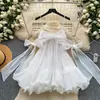 Vestido doce e picante estilo francês com alça de laço, versão coreana com babados, elegante vestido evasê que rejuvenesce