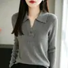 Suéter de punto fino de lana con cuello polo de un solo botón, nuevo suéter de otoño de manga larga con diseño de canalé, corte ajustado, ropa de mujer moderna y versátil