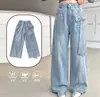Pantalones Vaqueros de Pierna Ancha con Lazo y Pedrería para Niñas Cintura Alta Primavera y Otoño Nuevo Estilo Niños Medianos y Grandes Estilo Coreano Sueltos Rectos Largos Otoño