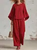 Conjunto de Calça Wide Leg Vermelha de Algodão e Linho Estilo Europeu e Americano Novo para Mulheres, Conjunto Fashion Tendência Casual Solto de Duas Peças para o Verão