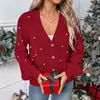 Amazon 2025 Novo Outono Estilo Doce Cardigã de Tricô Gola V Decorado com Pérolas Jaqueta Suéter Vermelho de Natal para Mulheres