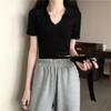 Tejidos de Punto de Primavera y Verano para Mujer 2025 Nuevas Camisetas Cortas de Fondo con Cuello en V Slim Casual de Manga Corta Tops Chic de Estilo Coreano