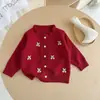 Cárdigan de punto con estampado de cerezas estilo coreano para niñas, adecuado para primavera y otoño, un abrigo de lana dulce y lindo con cuello con volantes, suéter para niños