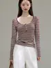 Camiseta de manga larga para mujer, estilo Henley americano, con botones, rayas de contraste, de Lyocell Tencel, nueva tendencia otoño 2026