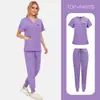 Jaleco de Cor Sólida com Bolso para Homens e Mulheres Conjunto de Uniforme de Trabalho de Cor Sólida para Funcionários de Lar de Idosos, Centro de Maternidade, Enfermeiros, Médicos