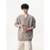 Suéter Japonés Falso Dos Piezas Patchwork Cuello Henley para Hombre Otoño Invierno Corte Limpio Holgado Cálido Tallas Grandes Tejido para Pareja