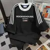 Algodão Pesado Três Listras Gola Redonda Casal Americano Manga Curta Masculino Moda de Verão Marca Casual Top Camiseta Casual Solta Gola Redonda