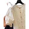 En Stock Verano Nuevo Encaje Cuello Redondo Color Sólido Algodón Lino Bordado Pesado Casual Juvenil Camisa Top Versátil