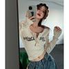 Camiseta sexy de chica caliente americana con hoyuelos en el trasero, camiseta ins de moda con cuello en V con letras, ajustada y adelgazante, de manga larga, top corto para mujer, Primavera